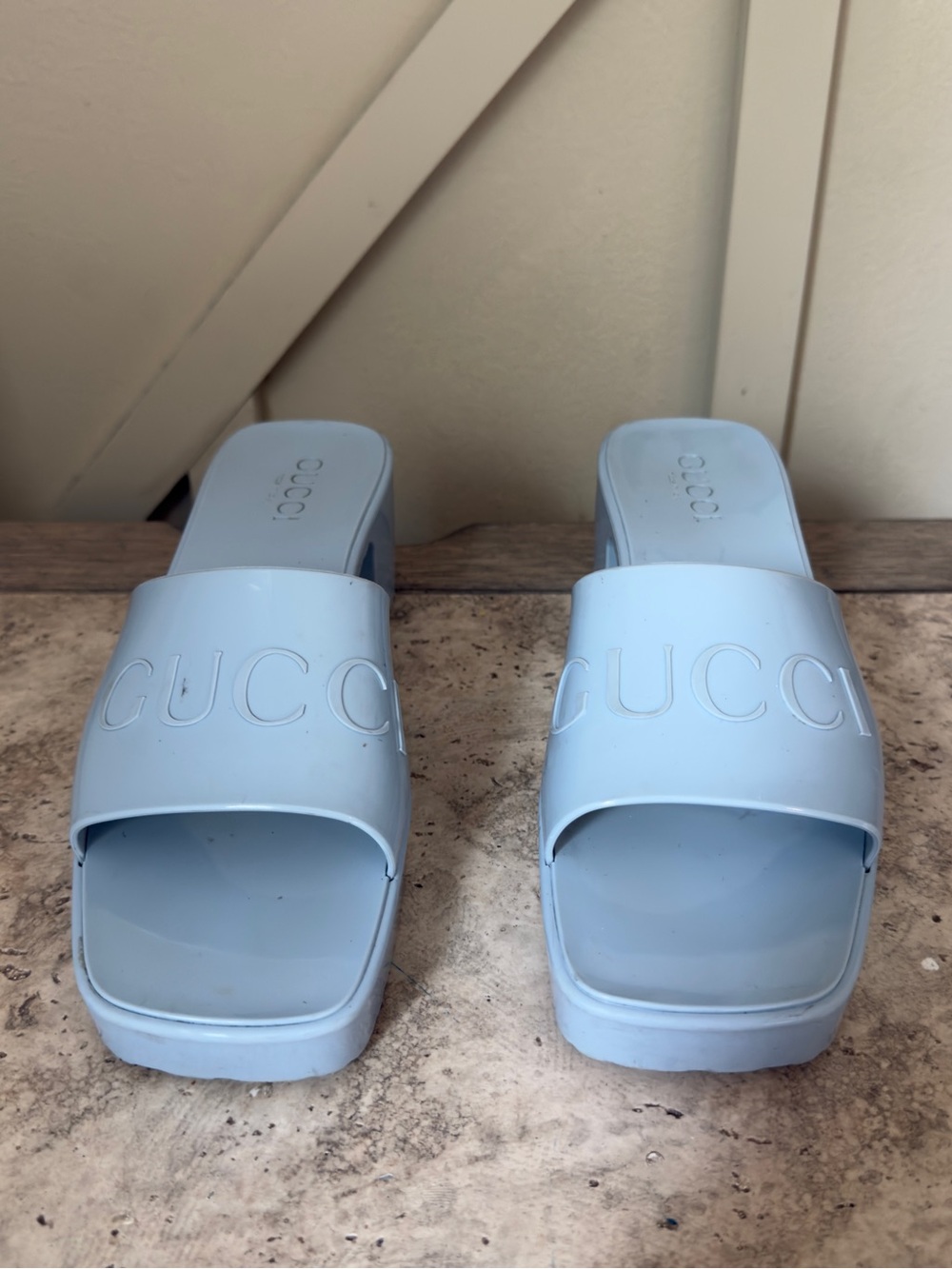 Gucci Light Blue Patent Logo Slide Mules - Picture 2 of 6